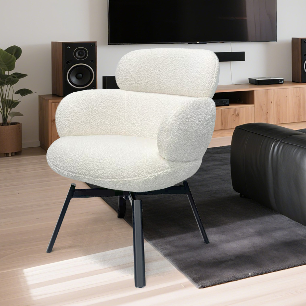 Kerusi Lounge Fabre White Boud/Teddy Fabric Swivel dengan tempat duduk dan kaki logam yang lebih luas