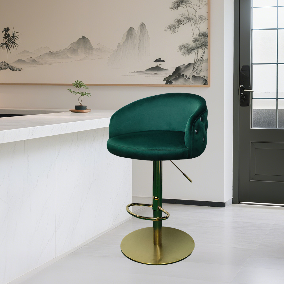 Bangku Bar Laras Green Velvet Moden dengan Backkrest dan Pangkalan Emas Tufted