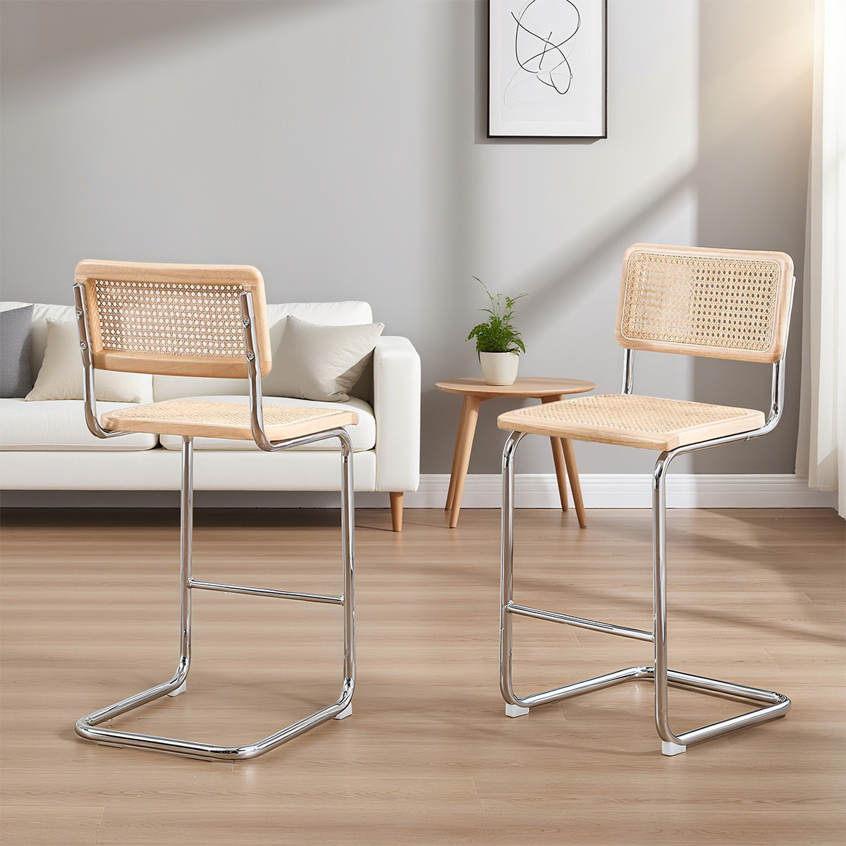 Najis Kaunter Rotan Cantilever Moden Abad-Back & Tempat Duduk Tane Semula Jadi dengan Bingkai Logam Chrome