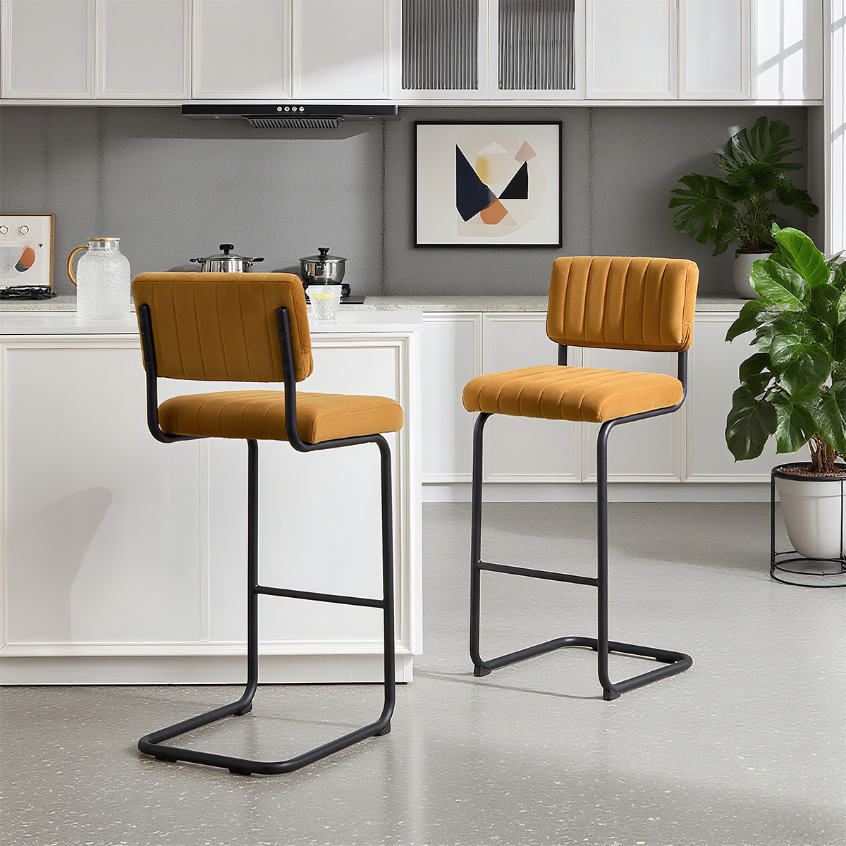 Bangku bar cantilever moden abad pertengahan-tempat duduk berlapis tufted dengan bingkai logam hitam & matte hitam
