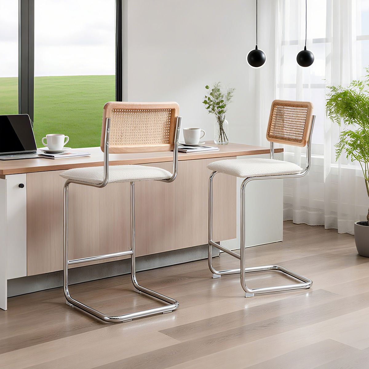 Rattan Back Boucle Bar Stool dengan Base Cantilever Chrome-Kerusi Ketinggian Kaunter Moden Abad Pertengahan