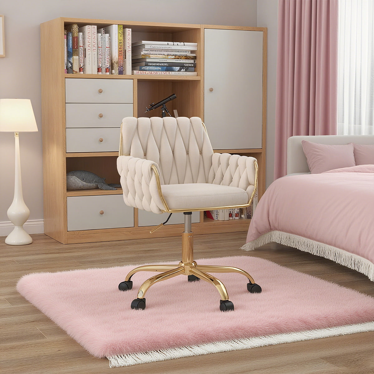 Kerusi Pejabat Rumah Beige Velvet-Kerusi Vanity Moden dengan Pangkalan Emas, Tangan Tangan Tangan & Armrest, 360 ° Swivel Rolling Desk Chair