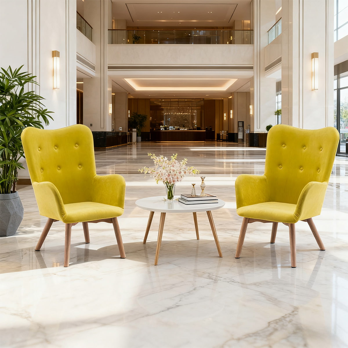 Kerusi Aksen Velvet Kuning Moden - Kerusi rekreasi berumbai sayap dengan kaki kayu & lengan untuk ruang tamu, bilik tidur, atau pejabat