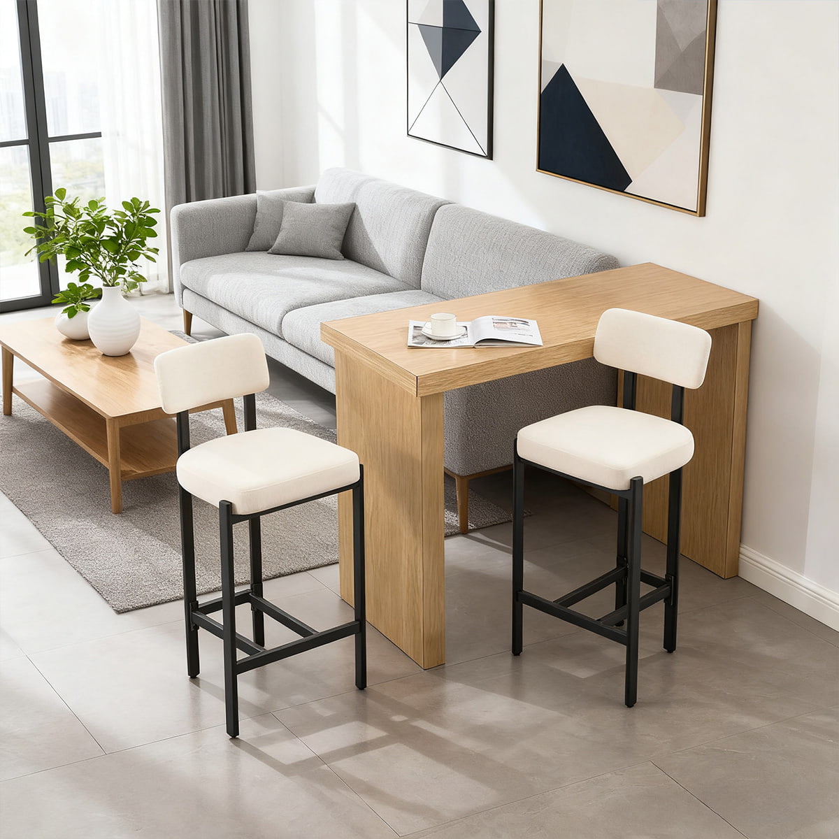 Modern Beige Chenille Counter Height Bar Stools - kerusi bar belakang melengkung dengan kaki logam dan tapak kaki untuk pulau dapur, bar rumah, atau ruang makan
