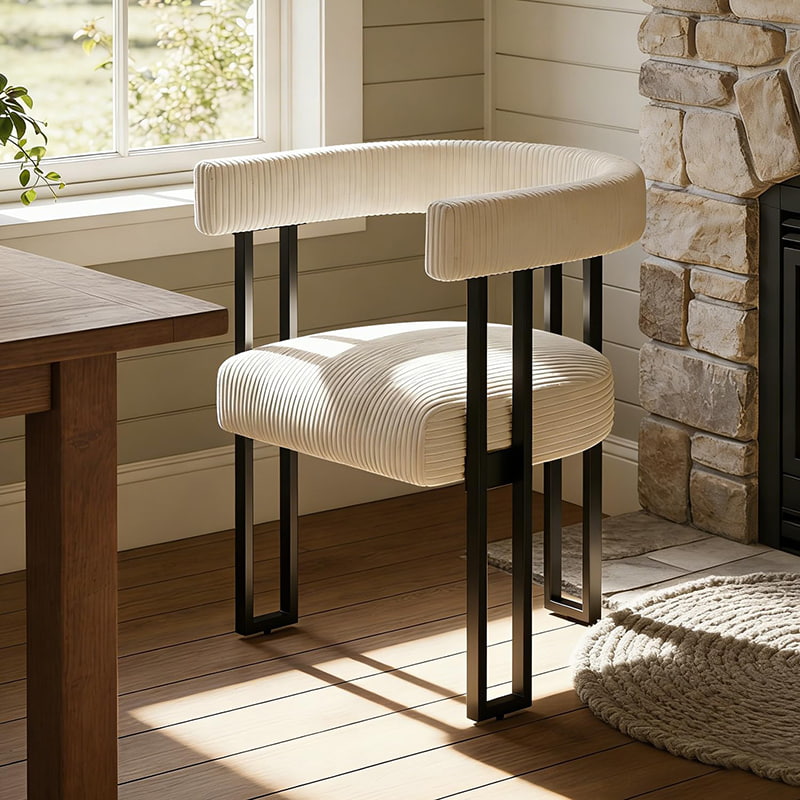 Kerusi Makan Boucle, Kerusi Bilik Makan Berlapis Korduroy Putih dengan Kaki Logam, Kerusi Aksen Moden Abad Pertengahan